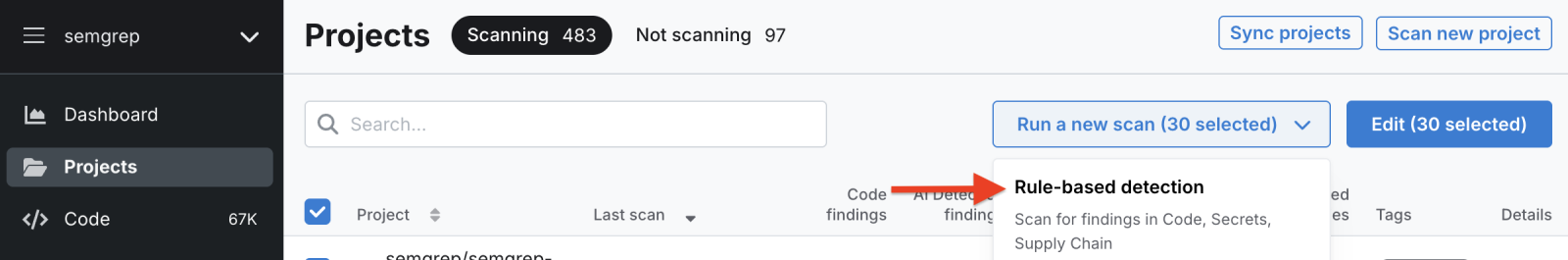 Scan selected projects to find vulnerabilities