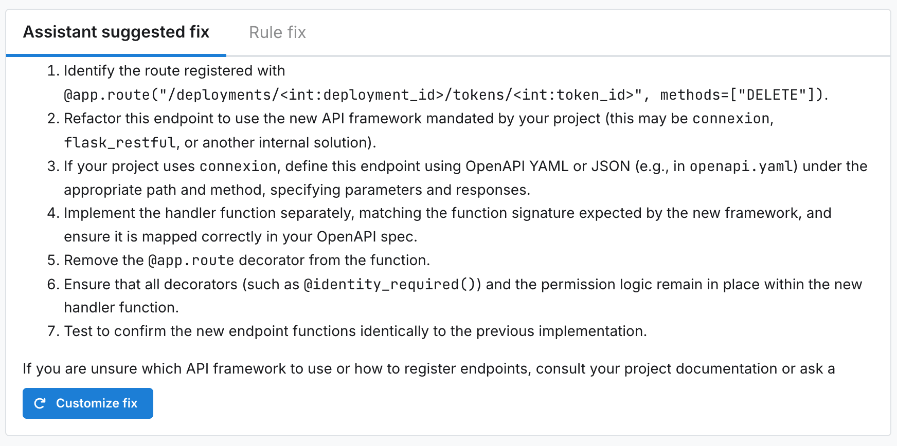 Assistant’s suggested fix for a hardcoded secret in the user’s code